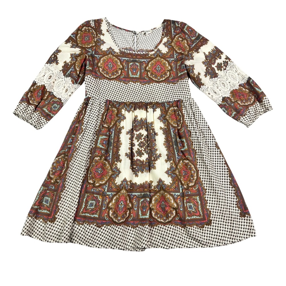 Umgee Womens Paisley Houndstooth Mixed Print Crochet Lace Mini Dress Medium Boho - Picture 1 of 8